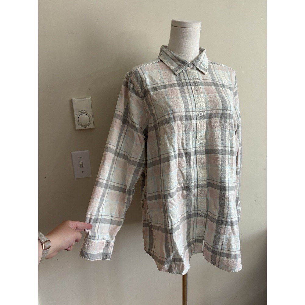 Lands End Flannel Shirt Womens XL 18W Cotton Outdoor Cream Blue Classic Casual - Picture 3 of 8